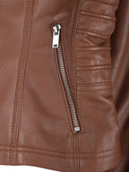 Women's Cognac Brown Leather Jacket With Removable Hood
