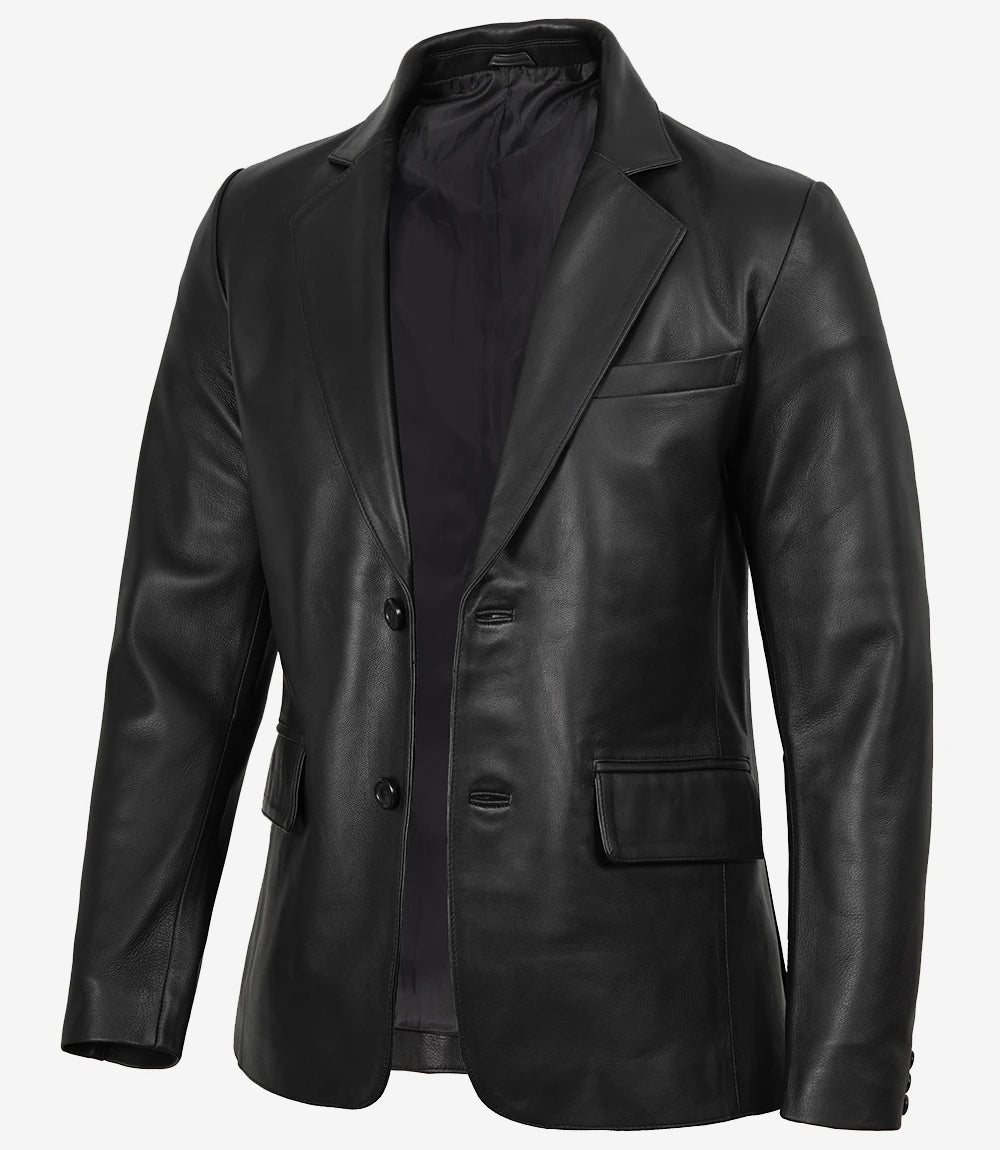 Mens Two Button Black Leather Blazer - Notch Lapel