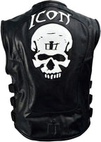 Men's Black Genuine Leather Skull Back Patch Motorcycle Biker Vest