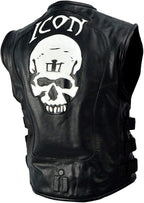 Men's Black Genuine Leather Skull Back Patch Motorcycle Biker Vest