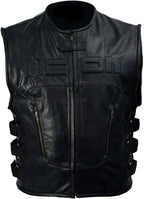 Men's Black Genuine Leather Skull Back Patch Motorcycle Biker Vest