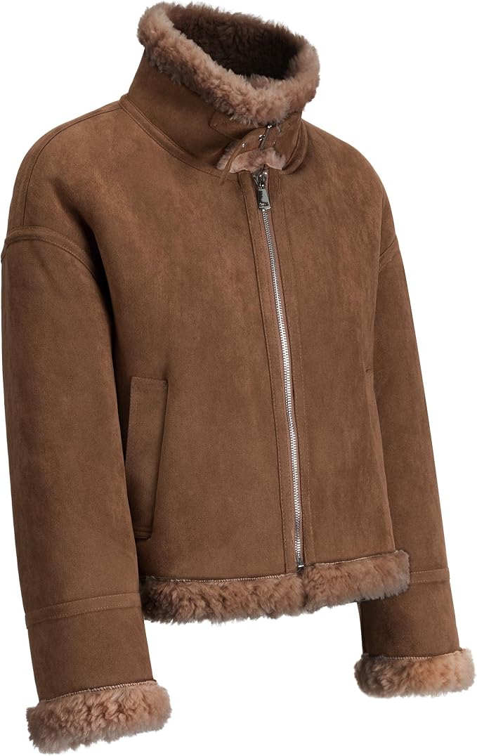 Women's Faux Shearling Aviator Jacket – Soft Faux Suede Winter Zip-Up Coat with Buckle Collar