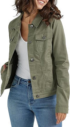 Classic Women's Olive Denim Trucker Jacket Versatile Layering Essential