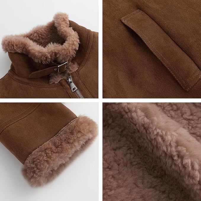 Women's Faux Shearling Aviator Jacket – Soft Faux Suede Winter Zip-Up Coat with Buckle Collar