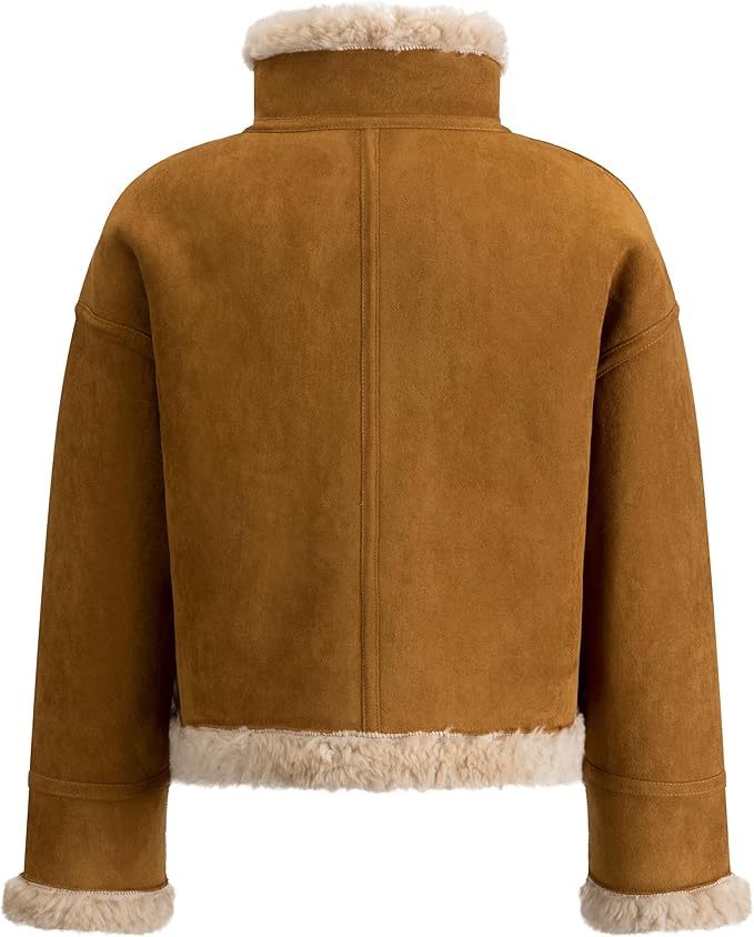 Women's Faux Shearling Aviator Jacket – Soft Faux Suede Winter Zip-Up Coat with Buckle Collar