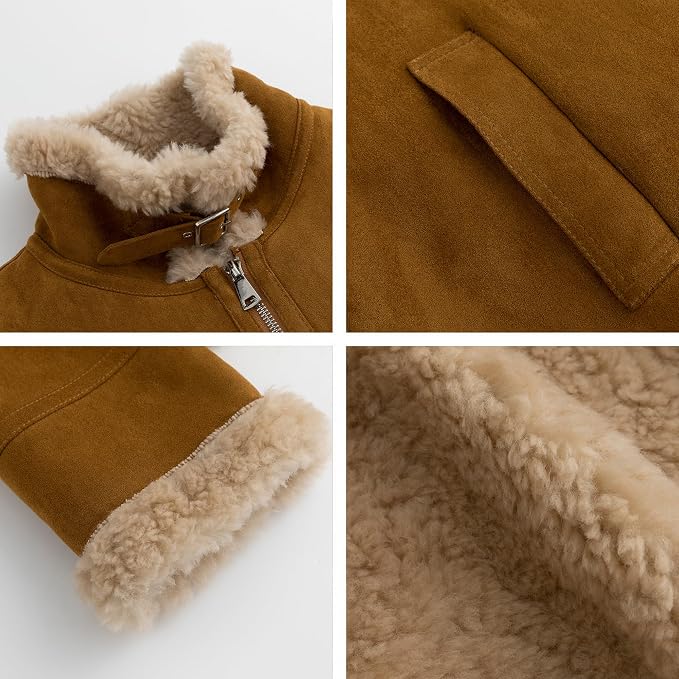 Women's Faux Shearling Aviator Jacket – Soft Faux Suede Winter Zip-Up Coat with Buckle Collar
