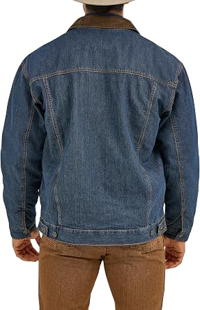 Men's Mid-Blue Sherpa-Lined Denim Jacket with Corduroy Collar