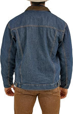 Men's Mid-Blue Sherpa-Lined Denim Jacket with Corduroy Collar