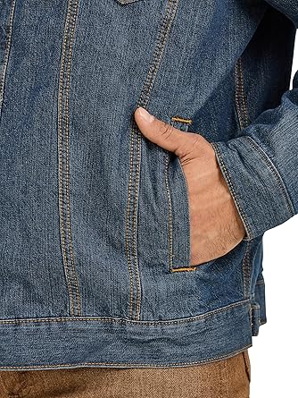 Men's Mid-Blue Sherpa-Lined Denim Jacket with Corduroy Collar
