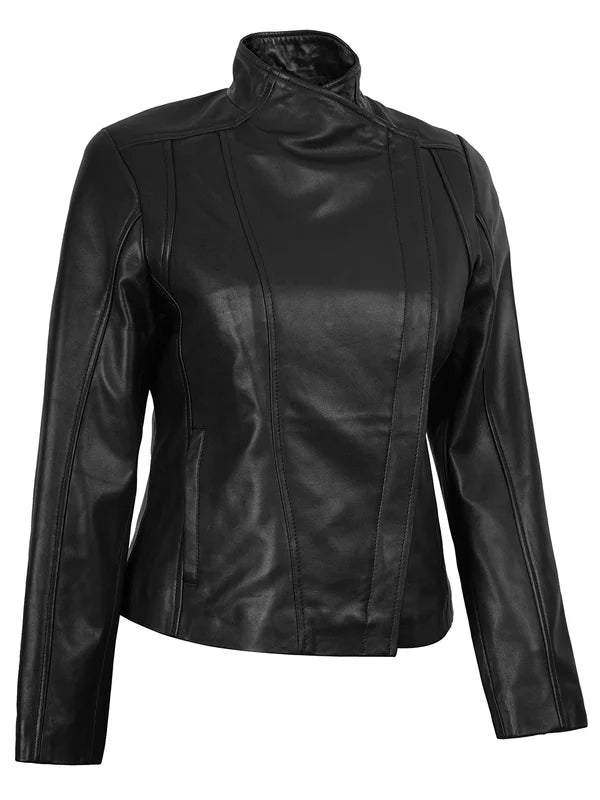 Arezzo Black Flap Closure Cafe Racer Leather Jacket