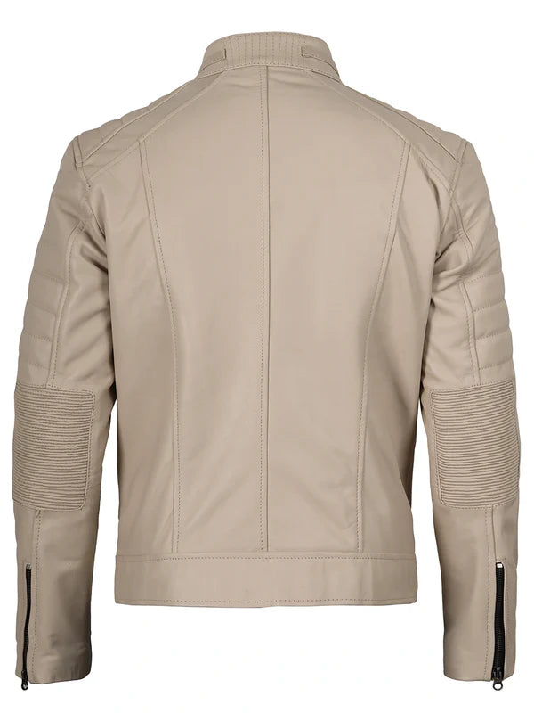 Mens Beige Cafe Racer Style Leather Jacket