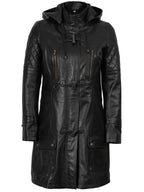 Women’s Black 3/4 Length Leather Coat With Hood