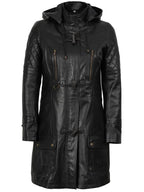 Women’s Black 3/4 Length Leather Coat With Hood