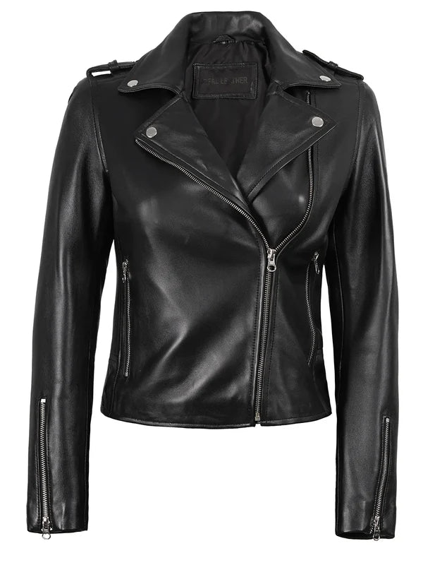Kirsten Women's Black Asymmetrical Leather Biker Style Jacket