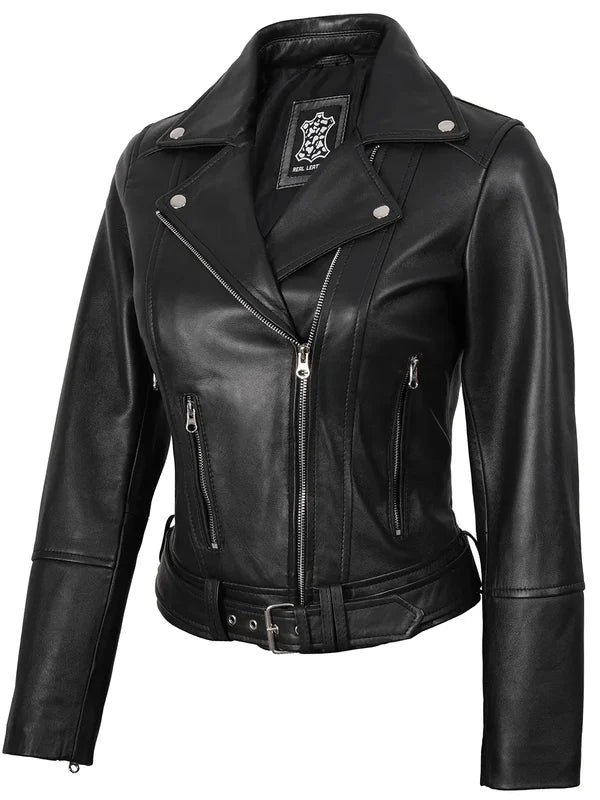 Womens Asymmetrical Black Biker Style Leather Jacket