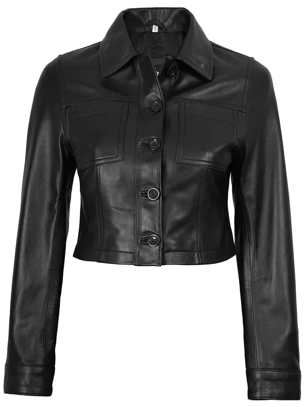 Mable Womens Black Cropped Harrington Leather Jacket
