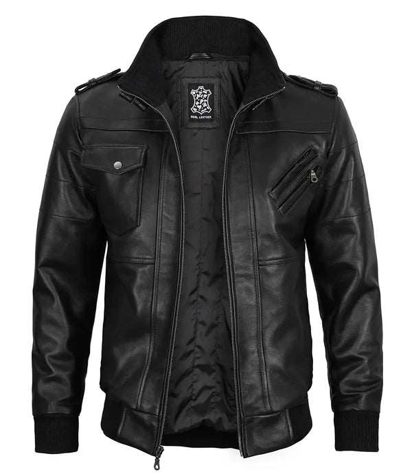 Edinburgh Mens Black Bomber Leather Jacket With Removable Hood