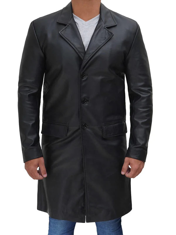Men's Long Black Real Cowhide Leather Trench Coat