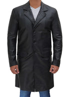 Men's Long Black Real Cowhide Leather Trench Coat
