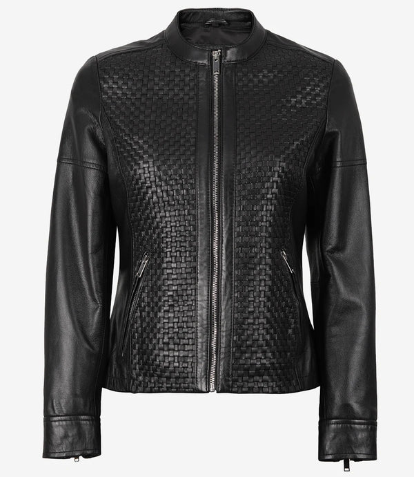 Women's Black Textured Cafe Racer Leather Jacket