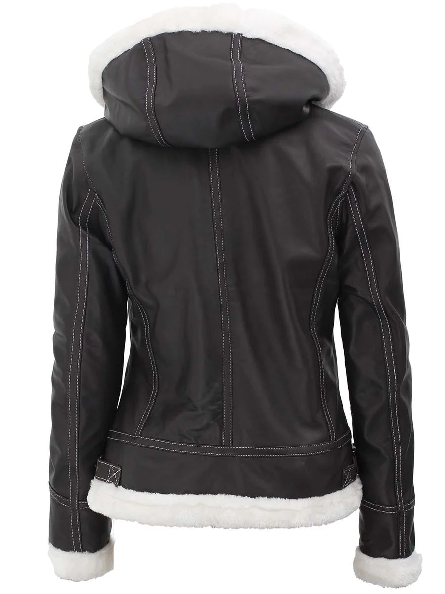 Womens Shearling Dark Brown Bomber Leather Jacket with Removable Hood