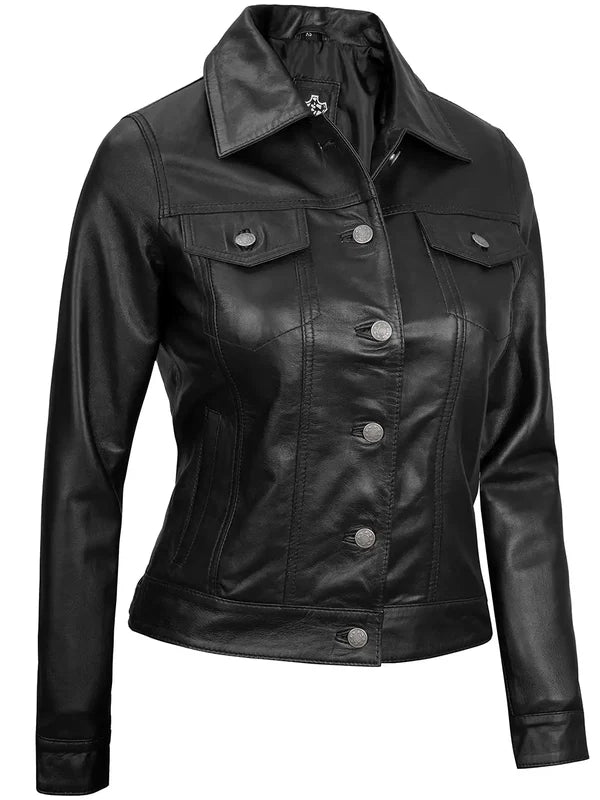 Fernando Women's Black Leather Trucker Jacket