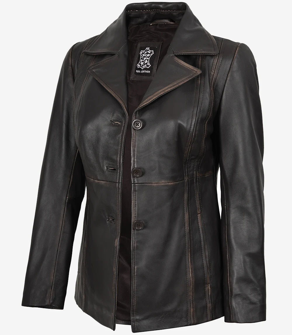Women's Three Button Distressed Brown Leather Blazer