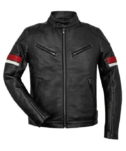 Men’s Black Biker Leather Jacket with Red & White Arm Stripes