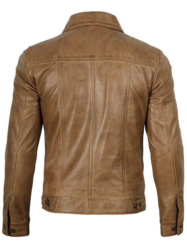 Men's Camel Brown Leather Trucker Jacket