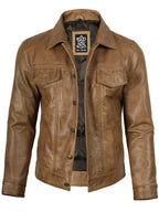 Men's Camel Brown Leather Trucker Jacket