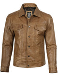Men's Camel Brown Leather Trucker Jacket