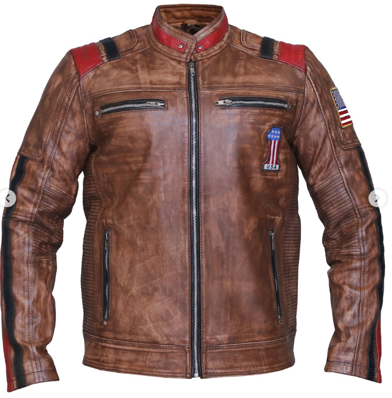 Men’s Brown Vintage Distressed Sheepskin Leather Cafe Racer Motorcycle Jacket