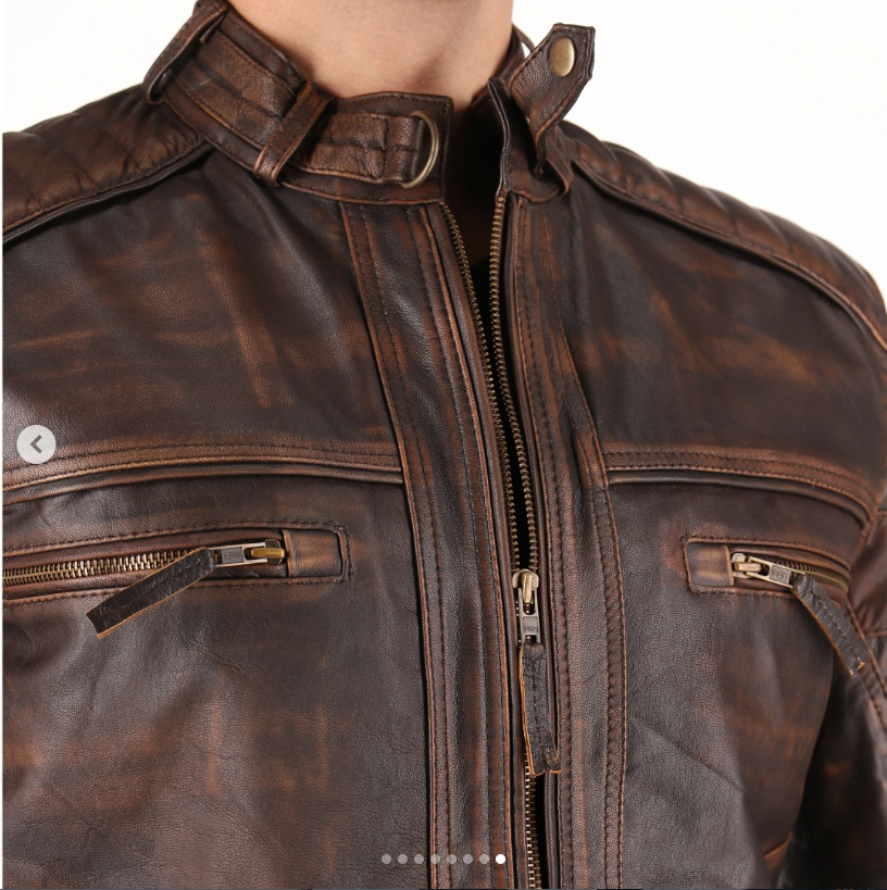 Men’s Brown Vintage Distressed Sheepskin Leather Cafe Racer Motorcycle Jacket