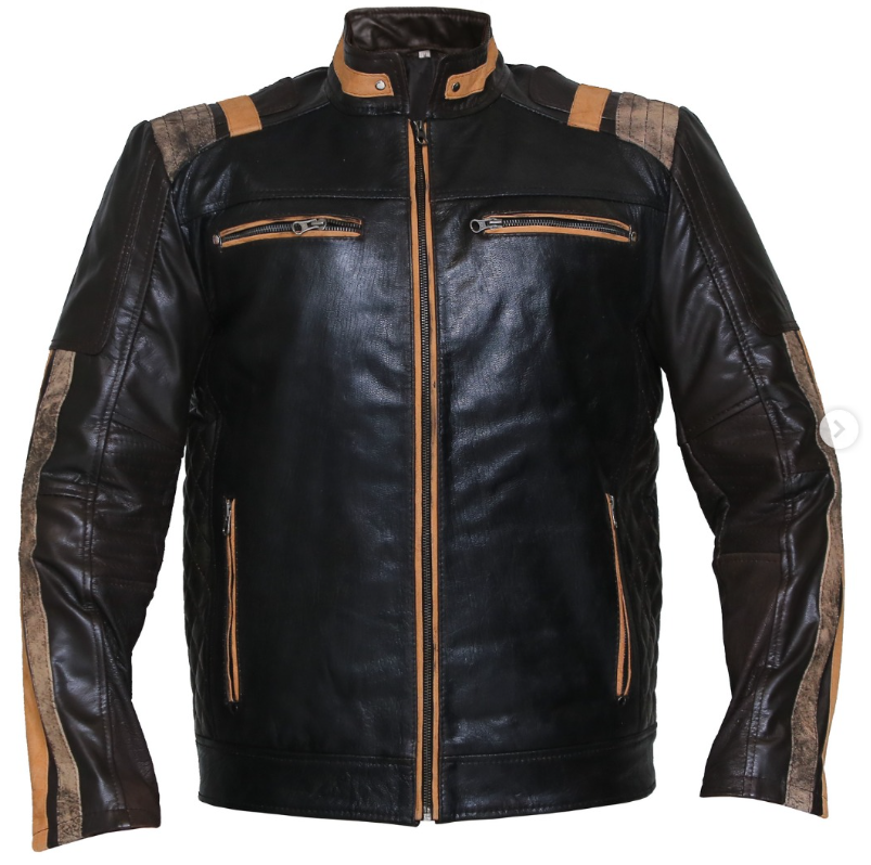 Men’s Black & Brown Sheepskin Leather Cafe Racer Motorcycle Jacket