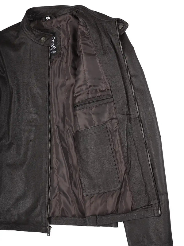 Mens Dark Brown Cowhide Cafe Racer Leather Jacket