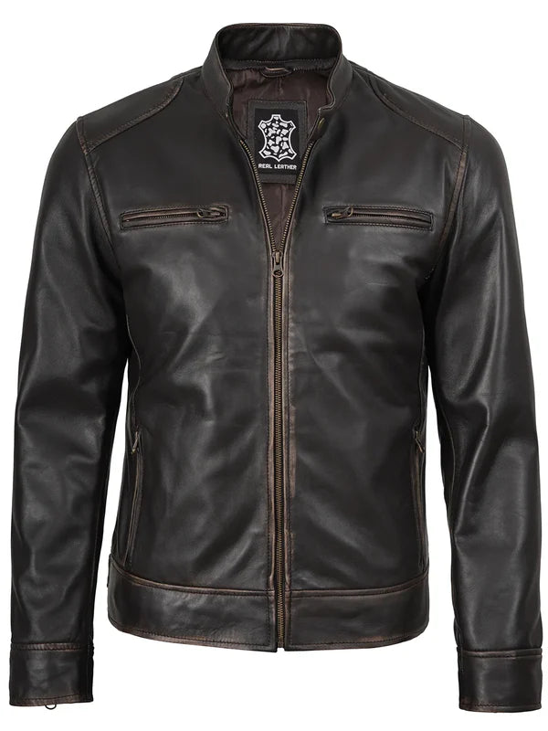 Dodge Men's Rub-Off Dark Brown Cafe Racer Leather Jacket