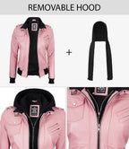 Women's Pink Leather Jacket with Removable Hood