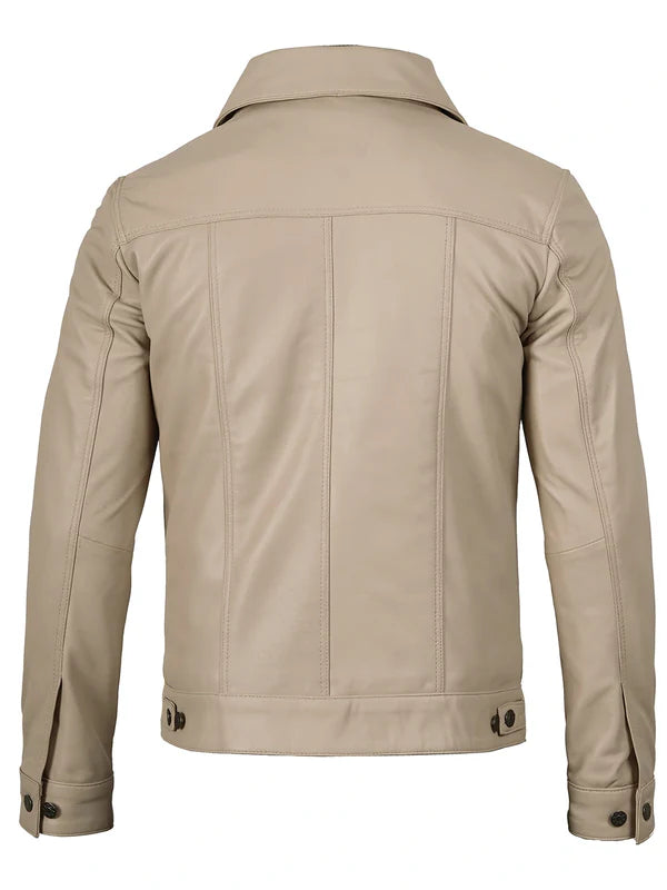 Men's Beige Real Trucker Leather Jacket