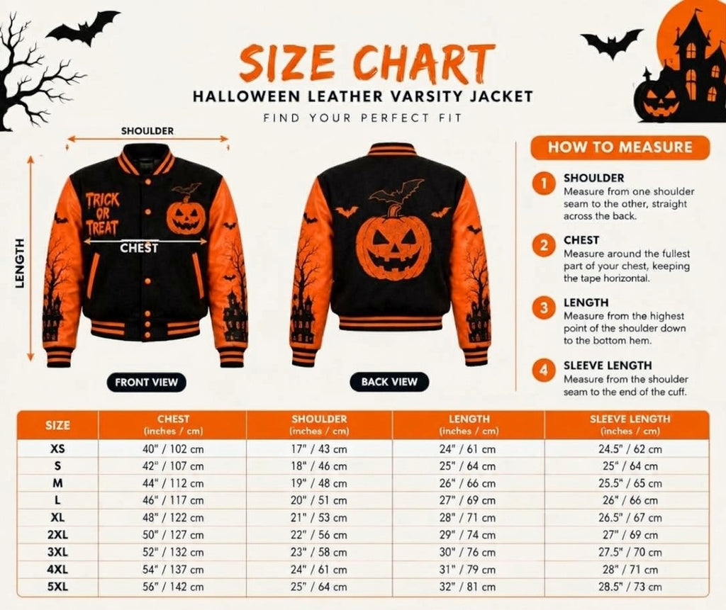 Women’s Halloween "Trick or Treat" Pumpkin Varsity Jacket – Wool Body with PU Leather Sleeves
