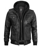 Men's Bomber Dark Grey Leather Jacket with Removable Hood