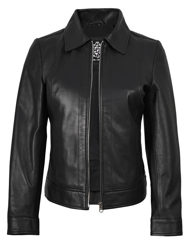 Women's Harrington Style Black Real Leather Jacket