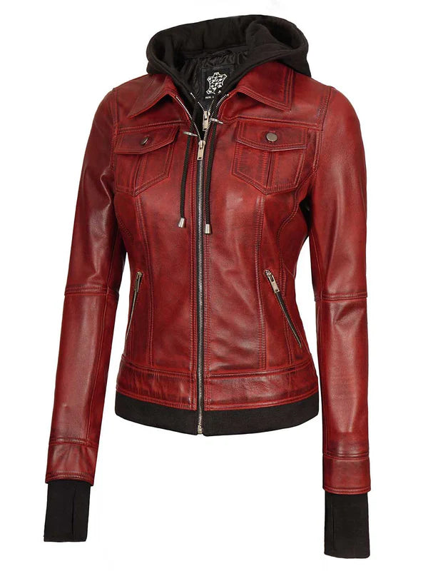 Tralee Women's Maroon Bomber Leather Jacket with Hood