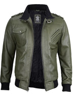 Men's Military Green Leather Jacket with Removable Hood