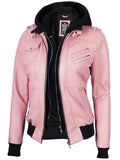 Women's Pink Leather Jacket with Removable Hood
