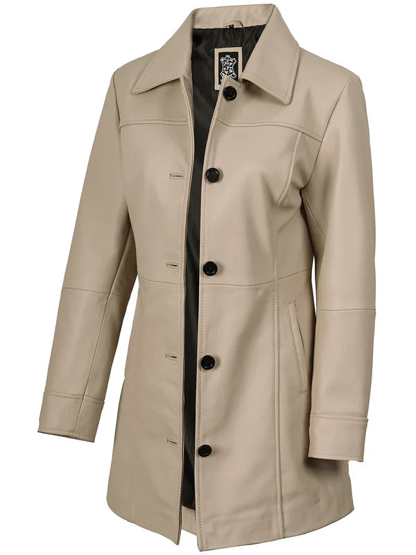 Kandis Women's Biege Real Leather Car Coat