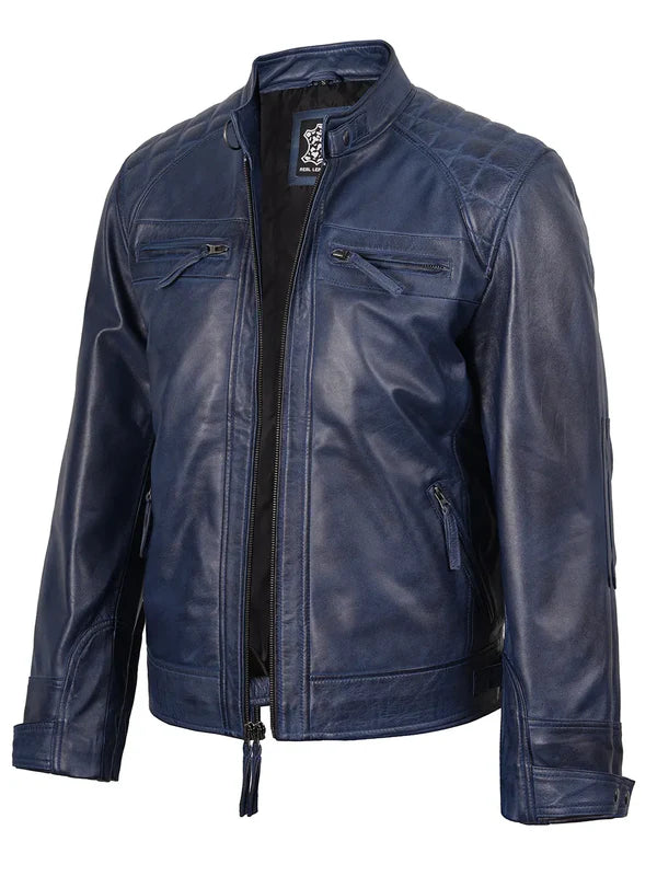 Men's Blue Wax Cafe Racer Leather Jacket