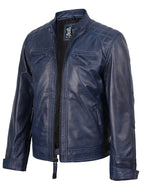 Men's Blue Wax Cafe Racer Leather Jacket