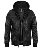 Edinburgh Mens Black Bomber Leather Jacket With Removable Hood