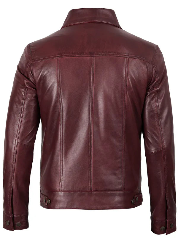 Men's Burgundy Real Leather Trucker Jacket