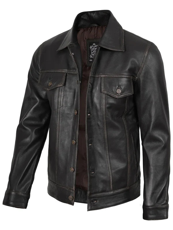 Men's Dark Brown Trucker Leather Jacket
